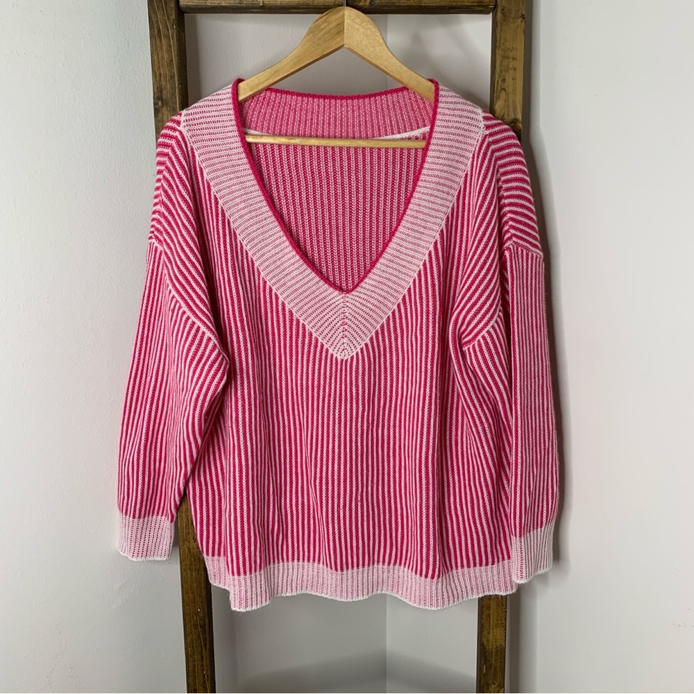 SHEIN Pink and Cream V-Neck Sweater 0XL